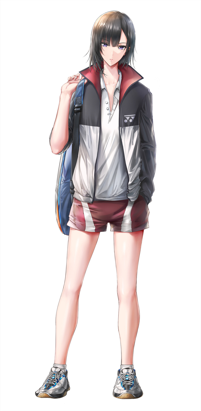 1girl badminton bag bare_legs black_hair carrying_over_shoulder de_mo_ne full_body hand_in_pocket hanebado! highres jacket looking_at_viewer red_shorts shiwahime_yuika shoes short_hair shorts simple_background sneakers solo sport sportswear standing track_jacket violet_eyes white_background