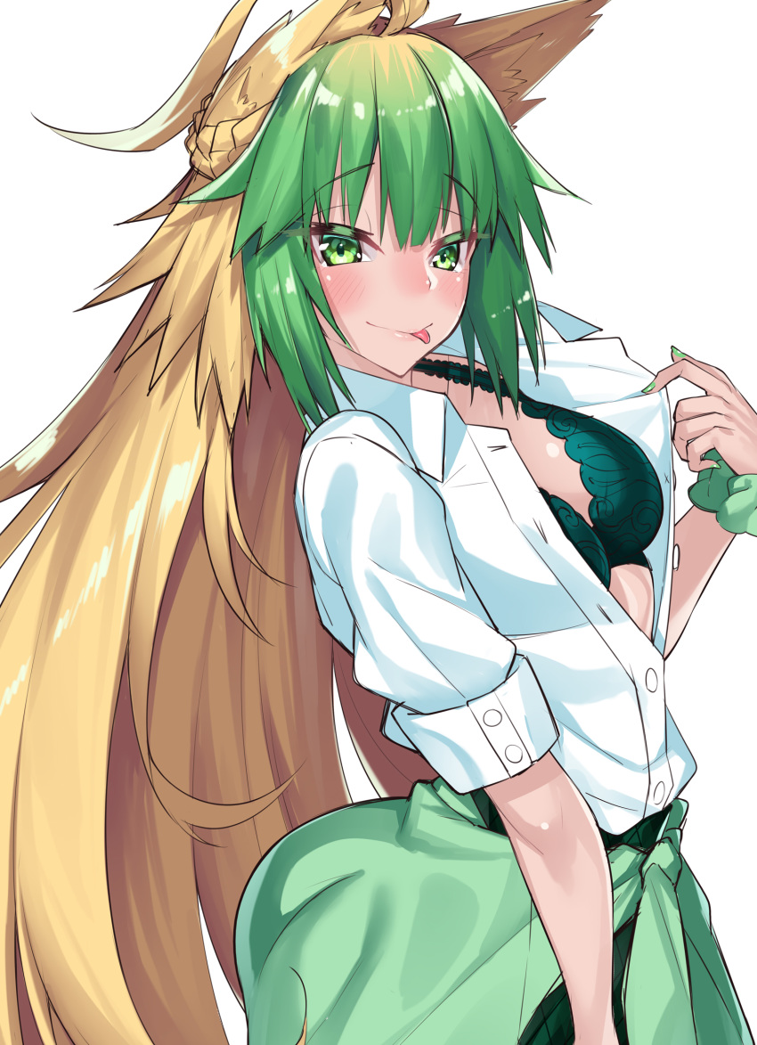1girl :p ahoge alternate_costume animal_ear_fluff animal_ears atalanta_(fate) blonde_hair blush bra breasts cat_ears fate/apocrypha fate/grand_order fate_(series) green_bra green_eyes green_hair highres long_hair looking_at_viewer multicolored_hair scrunchie self_exposure small_breasts solo tongue tongue_out unbuttoned unbuttoned_shirt underwear watosu watosu_(watosu_mama) white_background wrist_scrunchie