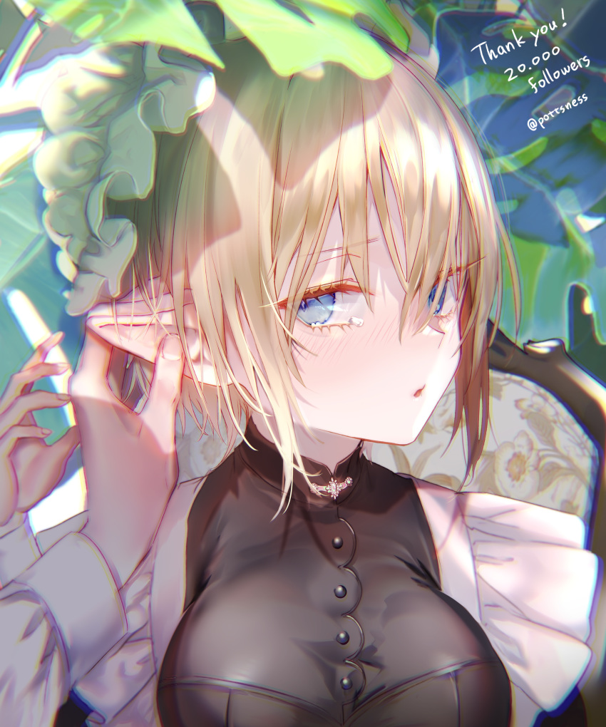 1girl absurdres apron bangs blonde_hair blue_eyes blush bonnet chair dress ear_fondling elf followers hair_between_eyes highres long_sleeves maid original parted_lips pointy_ears pottsness pov short_hair solo_focus tears thank_you twitter_username upper_body white_apron