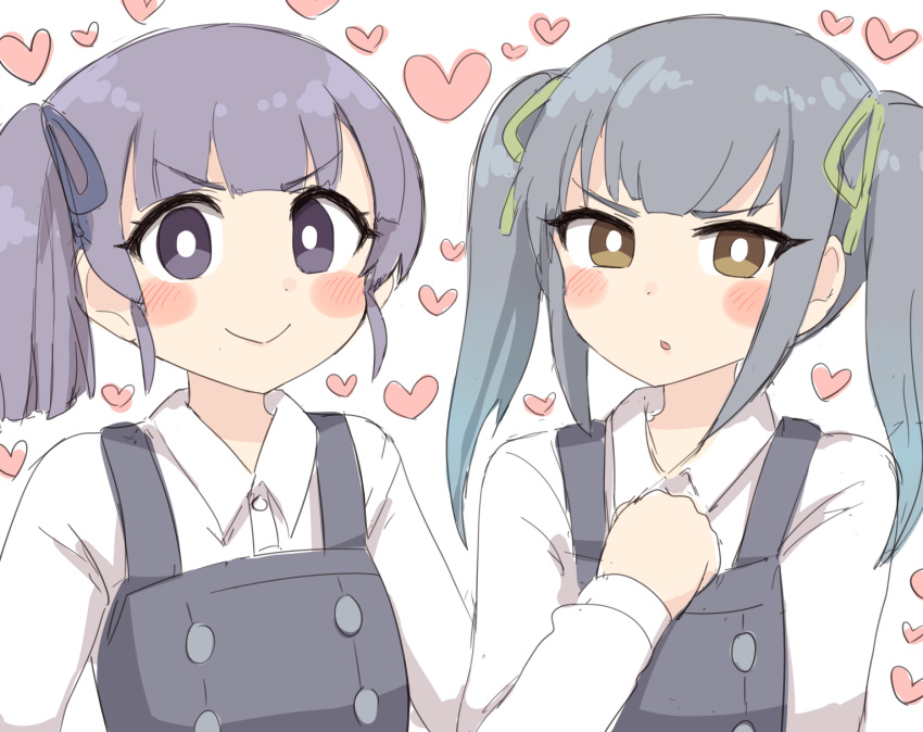 2girls :&gt; alternate_hairstyle blush brown_eyes dress green_ribbon hair_ribbon hairstyle_switch heart highres kantai_collection kasumi_(kantai_collection) looking_at_viewer multiple_girls ooshio_(kantai_collection) pinafore_dress purple_hair purple_ribbon remodel_(kantai_collection) ribbon shirt side_ponytail silver_hair simoyuki twintails upper_body violet_eyes white_shirt
