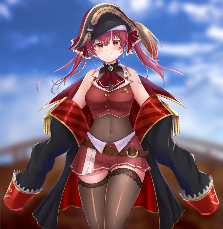 1girl ascot belt black_headwear black_legwear blurry blurry_background blush bodysuit_under_clothes breasts coat covered_navel cowboy_shot crop_top day eyebrows_visible_through_hair hat heterochromia higashigure highres hololive houshou_marine looking_at_viewer medium_breasts medium_hair miniskirt off_shoulder outdoors pirate pirate_hat pleated_skirt purple_hair red_eyes red_neckwear red_skirt see-through ship skirt sleeveless sleeves_past_fingers sleeves_past_wrists smile solo thigh-highs thighs twintails virtual_youtuber watercraft yellow_eyes zettai_ryouiki