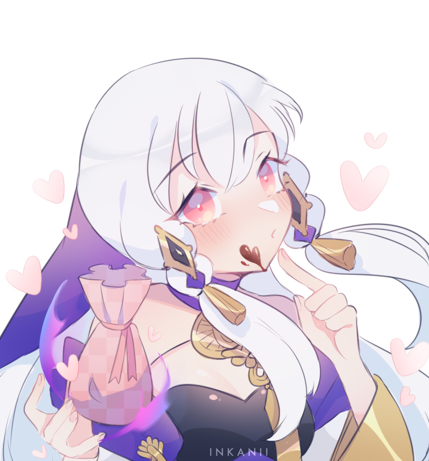 1girl artist_name chocolate chocolate_on_face fire_emblem fire_emblem:_three_houses food food_on_face gift_bag hair_ornament heart highres inkanii long_hair long_sleeves lysithea_von_ordelia pink_eyes simple_background solo upper_body white_background white_hair