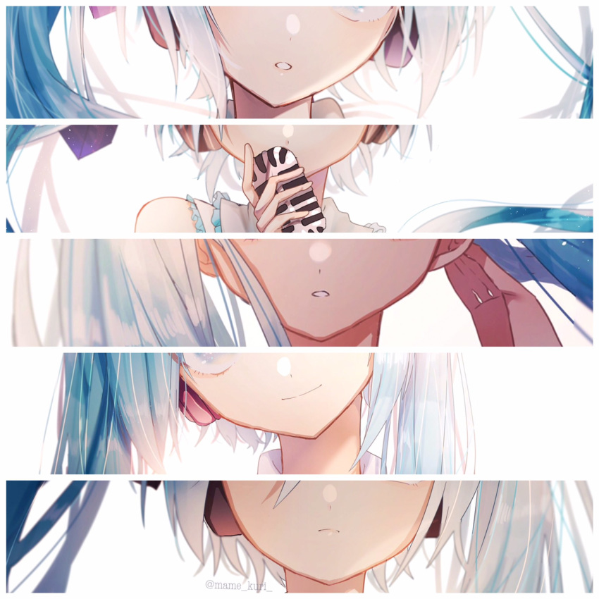 1girl aqua_eyes aqua_hair backlighting close-up commentary covering_mouth expressionless facing_viewer frilled_shirt frills hair_ornament hand_on_ear hatsune_miku head_tilt headphones highres holding holding_microphone mame_kuri microphone mouth multiple_views parted_lips shirt smile twitter_username vocaloid white_background white_shirt