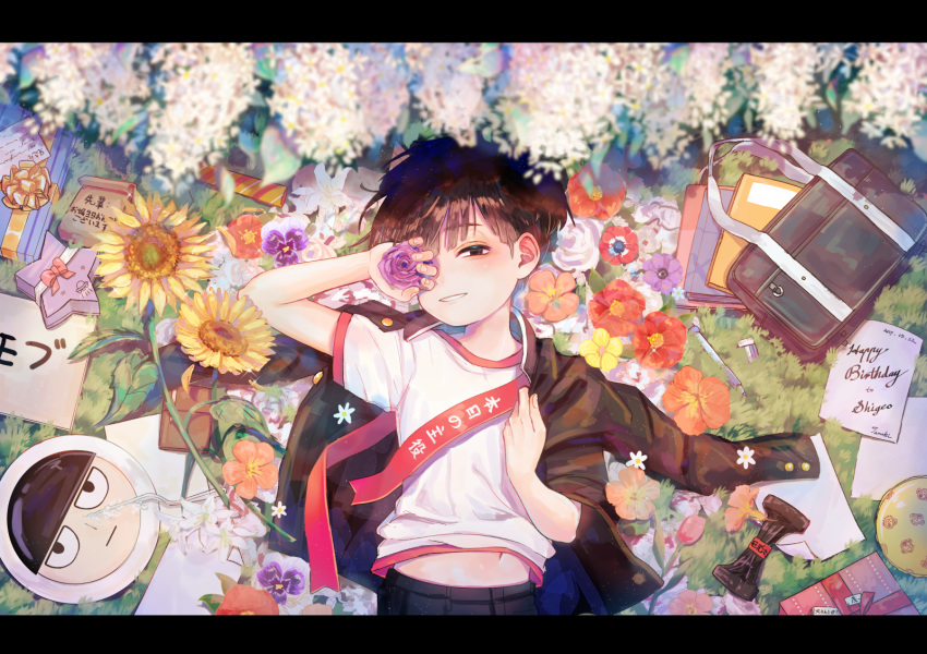 1boy bag bangs black_border black_hair black_jacket blunt_bangs blush border box buttons child eyebrows_visible_through_hair flower gift gift_box grass highres holding holding_flower jacket kageyama_shigeo long_sleeves looking_at_viewer lying male_focus midriff mob_psycho_100 navel on_back on_grass one_eye_covered open_clothes open_jacket orange_flower outdoors parted_lips red_flower rose school_bag shirt short_hair short_sleeves smile solo straight_hair sunflower t-shirt tamaki599 white_flower white_shirt yellow_flower