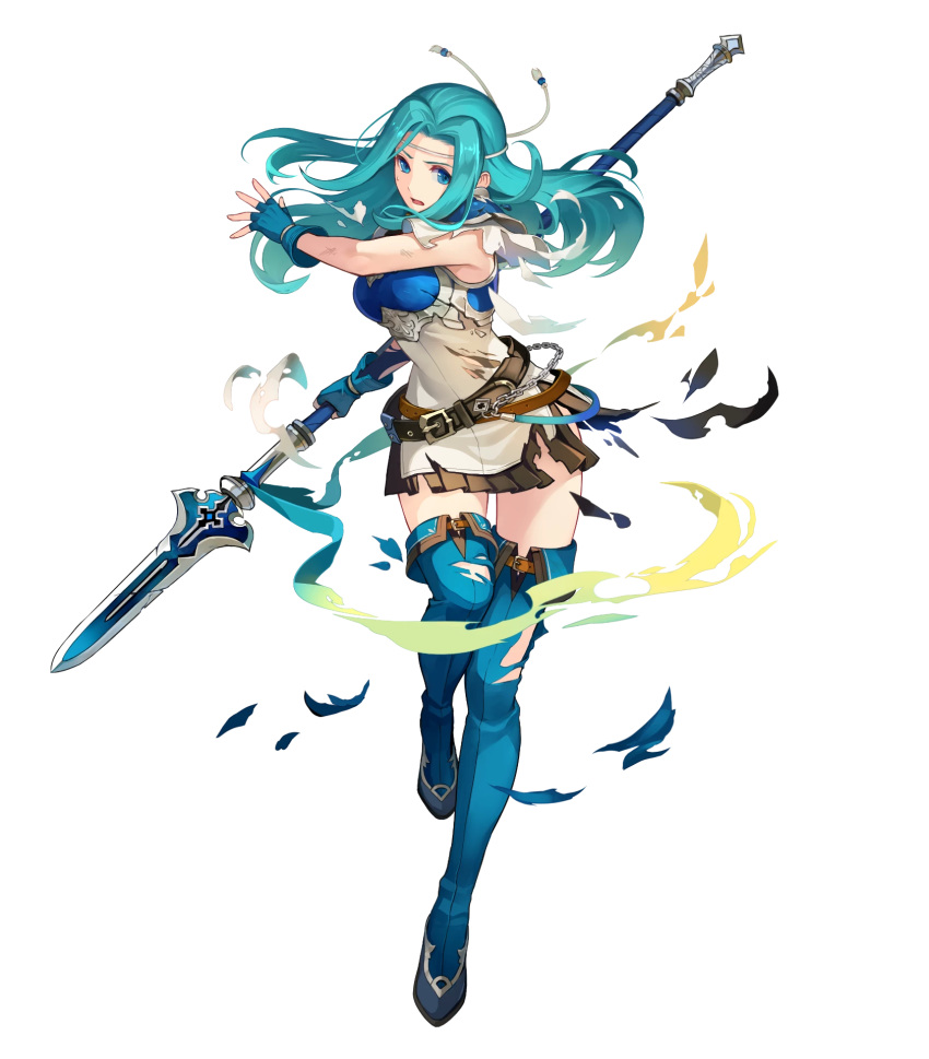 1girl aqua_hair armor bangs belt blue_eyes blue_footwear blue_gloves boots breastplate dress fingerless_gloves fiora_(fire_emblem) fire_emblem fire_emblem:_the_blazing_blade fire_emblem_heroes full_body gloves highres holding holding_weapon konfuzikokon long_hair official_art open_mouth parted_bangs polearm shiny shiny_hair short_dress short_sleeves shoulder_armor shoulder_pads solo spear thigh-highs thigh_boots torn_boots torn_clothes transparent_background turtleneck weapon white_dress