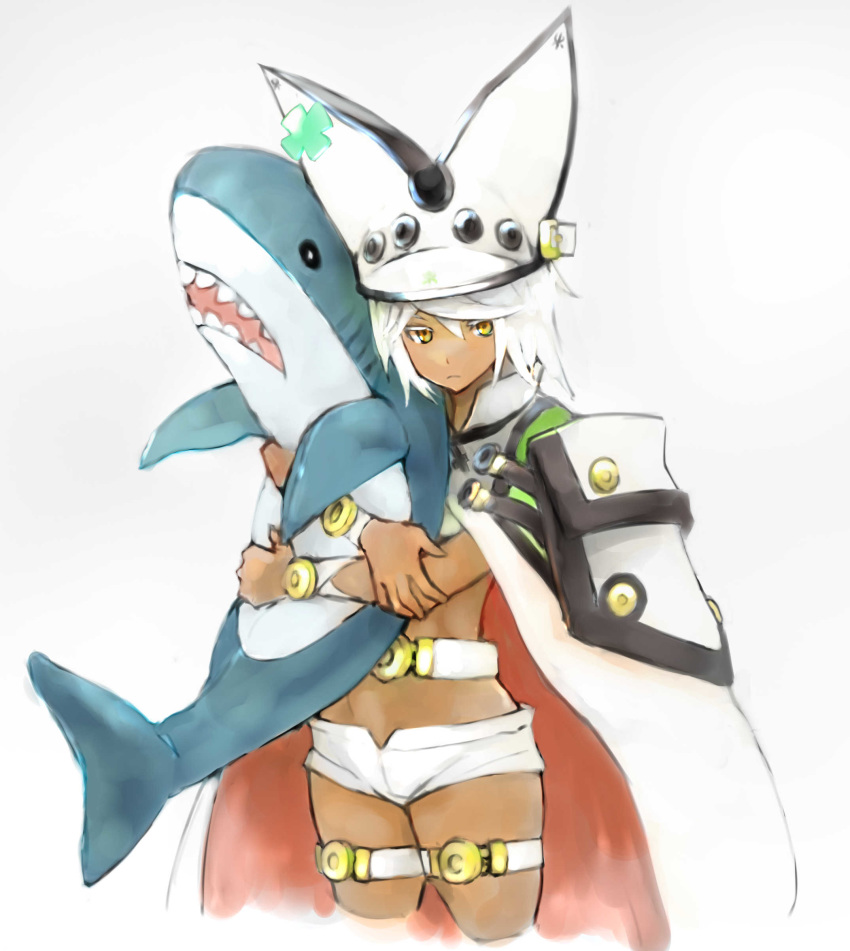 1girl absurdres bana_(stand_flower) cape closed_mouth dark_skin guilty_gear guilty_gear_xrd hat highres ikea_shark long_hair looking_at_viewer ramlethal_valentine short_shorts shorts simple_background solo stuffed_animal stuffed_shark stuffed_toy thigh_strap white_background white_hair yellow_eyes