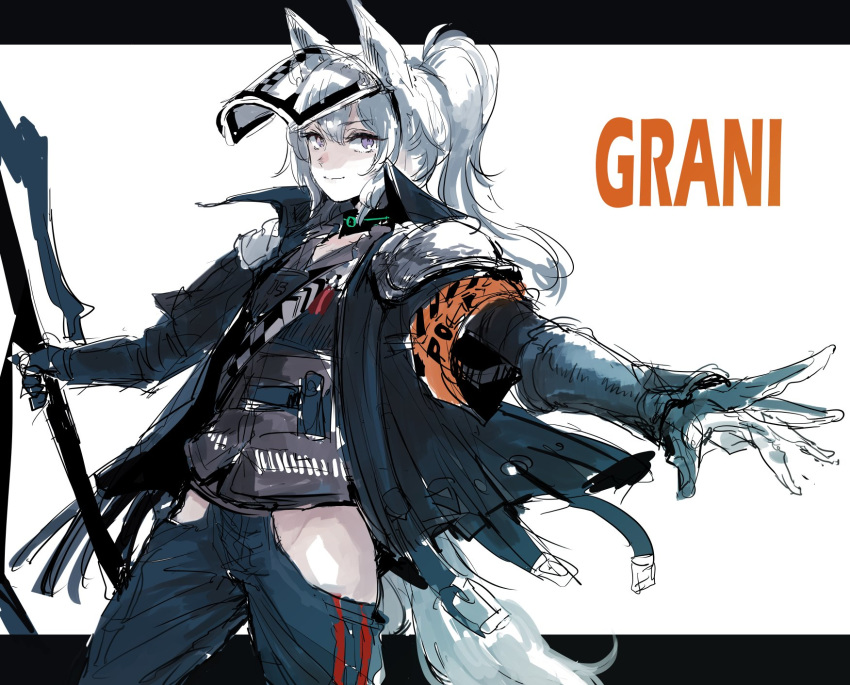 1girl animal_ears arknights character_name gloves grani_(arknights) hair_between_eyes highres holding holding_weapon horse_ears horse_tail jacket long_hair looking_at_viewer mask osakana_(denpa_yun'yun) ponytail simple_background smile solo tail thigh_cutout violet_eyes weapon