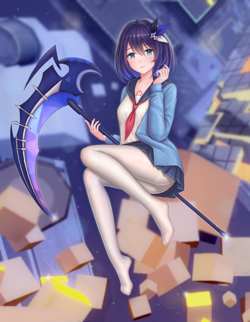 1girl abstract_background absurdres blue_eyes blue_hair blue_skirt cardigan cube feet full_body hair_between_eyes hair_ornament highres honkai_(series) honkai_impact_3rd invisible_chair knees_together_feet_apart light_smile long_sleeves looking_at_viewer miniskirt neckerchief no_shoes pantyhose purple_hair school_uniform scythe seele_vollerei serafuku short_hair sitting skirt soles solo sparkle upskirt weapon white_legwear yuyuyu_(pixiv19949705)