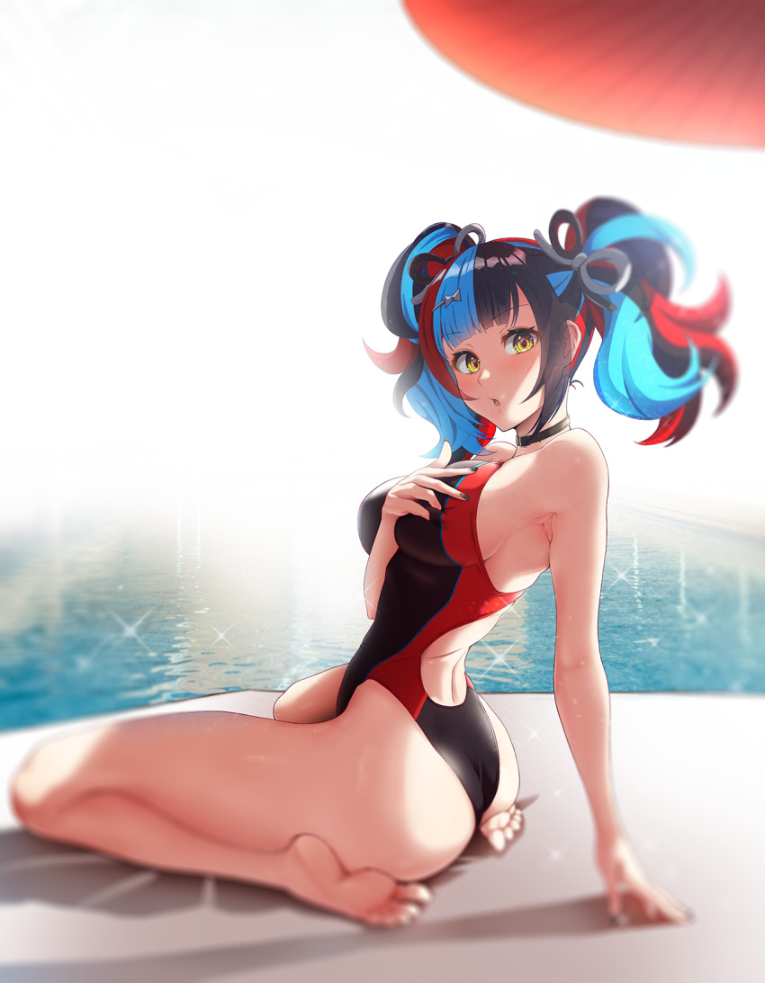 1girl armpits ass backlighting bangs barefoot black_hair black_swimsuit blue_hair blunt_bangs blush breasts choker competition_swimsuit fate/grand_order fate_(series) feet hand_on_own_chest happymonk highleg highleg_swimsuit highres large_breasts legs long_hair looking_at_viewer one-piece_swimsuit open_mouth oriental_umbrella poolside red_swimsuit redhead sei_shounagon_(fate) sitting solo sparkle swimsuit thighs toes twintails two-tone_swimsuit umbrella wariza water white_background yellow_eyes