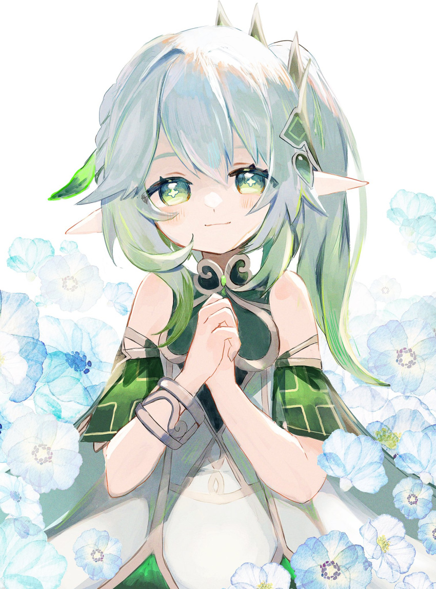 1girl bare_shoulders blue_flower blush bracelet commentary_request detached_sleeves dress flower flower-shaped_pupils genshin_impact green_eyes green_hair green_sleeves half-closed_eyes highres jewelry kusanali_(genshin_impact) long_hair looking_at_viewer multicolored_hair new_gnsn own_hands_together short_sleeves side_ponytail smile solo streaked_hair symbol-shaped_pupils upper_body white_dress white_hair