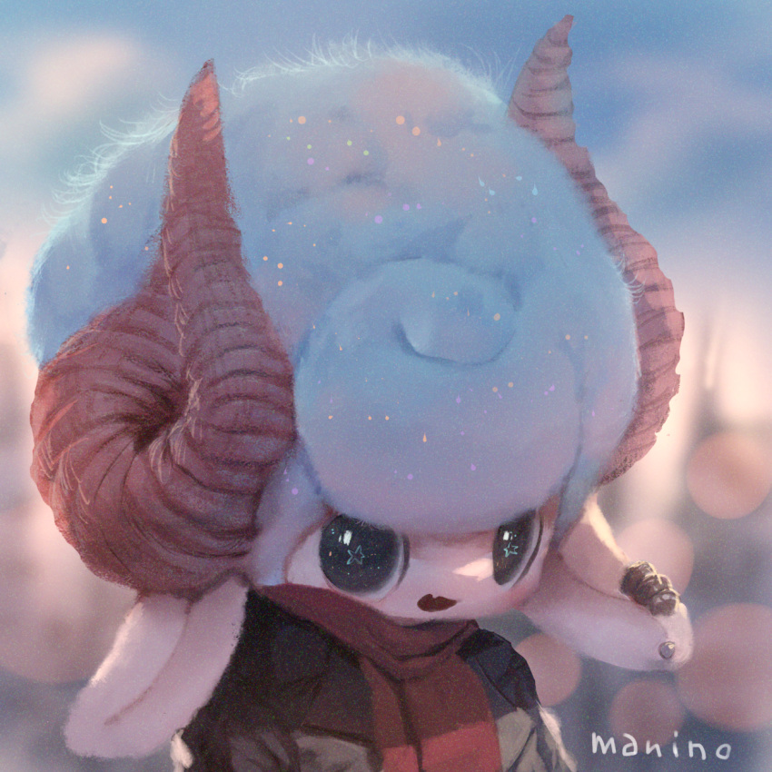 1boy :d afro animal_ears blue_hair commentary_request ear_piercing fang highres horns lens_flare looking_at_viewer male_focus manino_(mofuritaionaka) open_mouth original piercing red_scarf scarf sheep_boy sheep_ears sheep_horns signature smile solo star star-shaped_pupils symbol-shaped_pupils upper_body