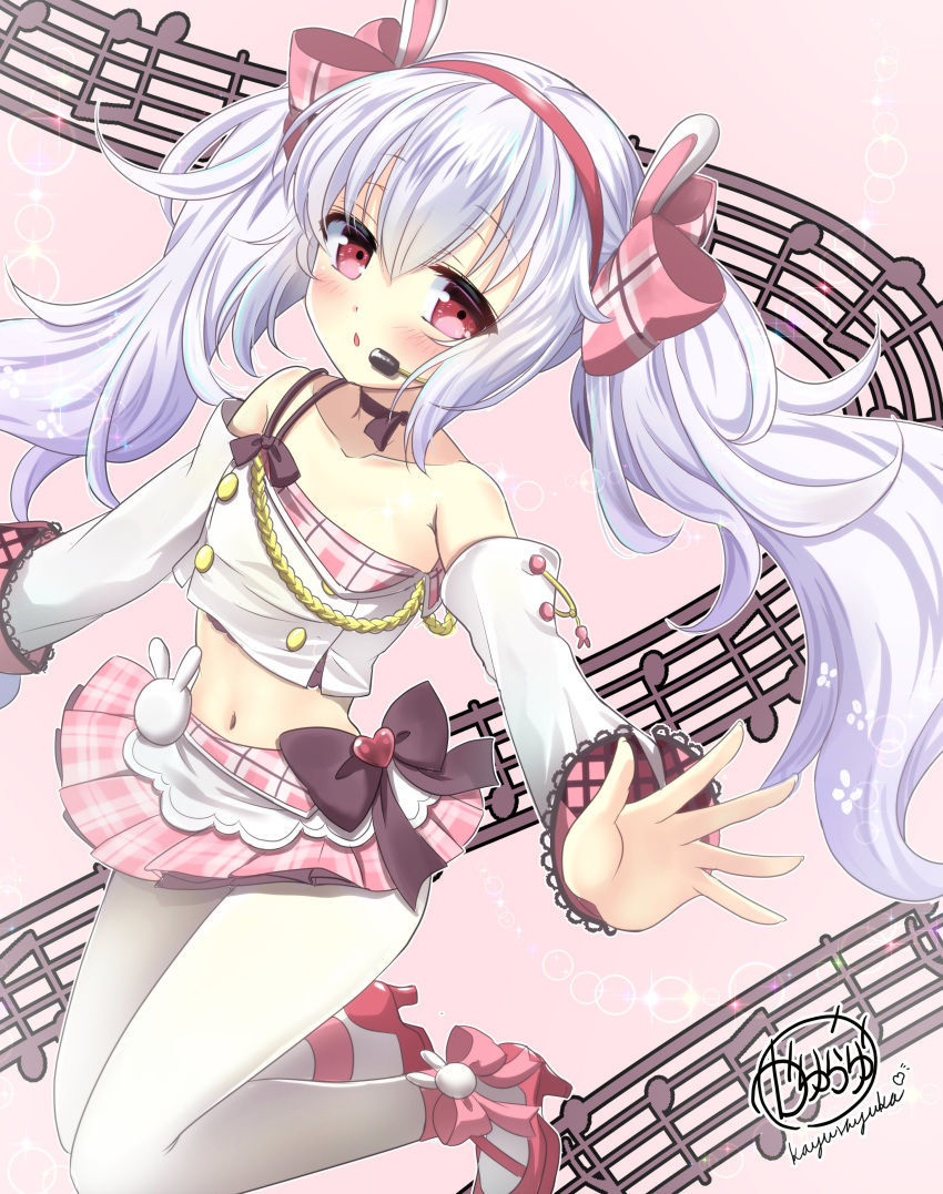 1girl absurdres artist_name azur_lane bare_shoulders blush collarbone commentary_request detached_sleeves eyebrows_visible_through_hair flat_chest hair_between_eyes hairband high_heels highres kayura_yuka laffey_(azur_lane) laffey_(halfhearted_bunny_idol)_(azur_lane) looking_at_viewer microphone musical_note navel neck_ribbon open_mouth outstretched_arms pantyhose pink_skirt plaid plaid_skirt red_eyes ribbon signature silver_hair skirt solo sparkle strapless tubetop twintails white_legwear