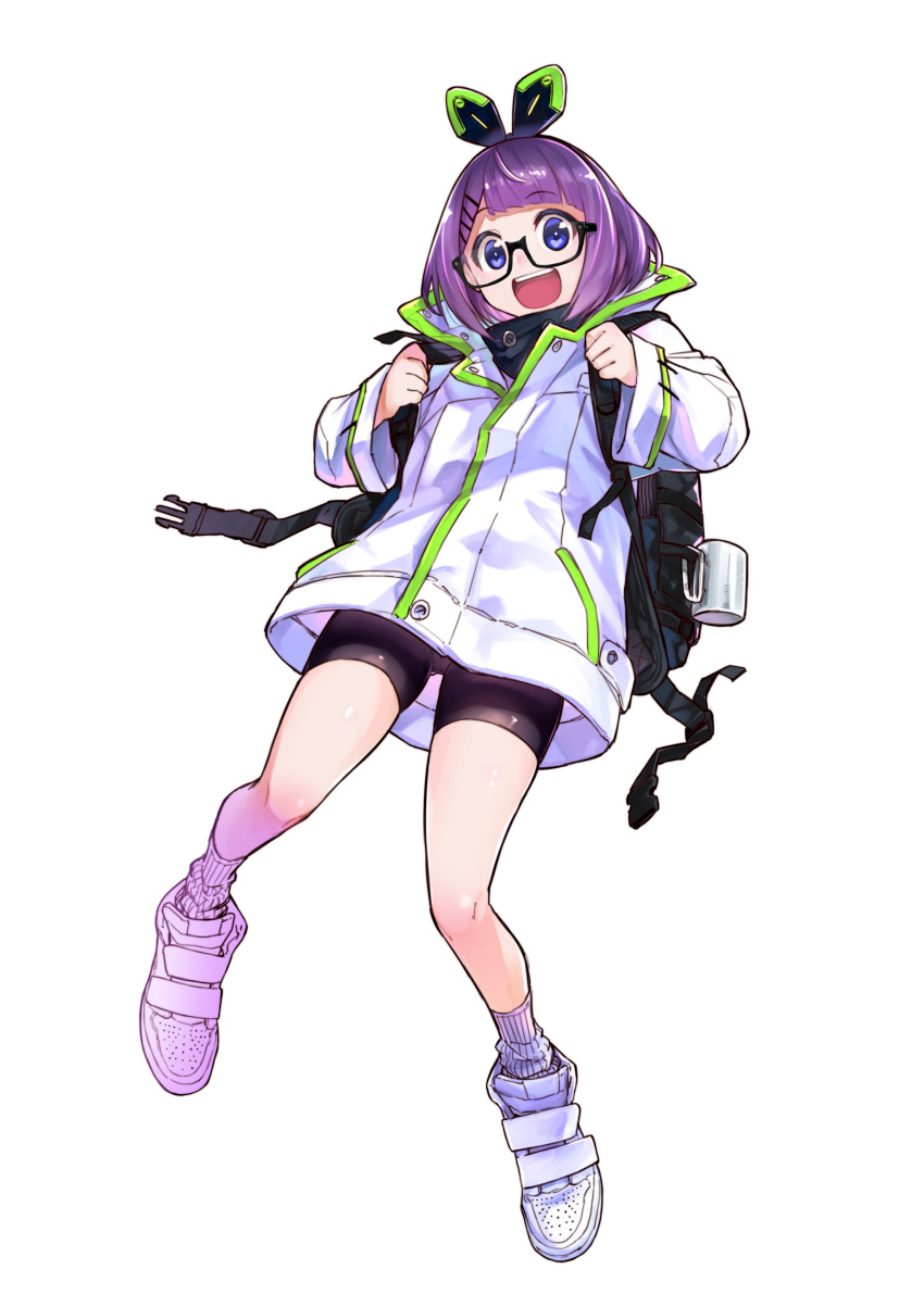 1girl :d absurdres backpack bag bangs bike_shorts black-framed_eyewear black_shirt black_shorts blue_eyes blunt_bangs bob_cut commentary_request eyebrows_visible_through_hair floating glasses grey_legwear headgear heart_gear highres long_sleeves looking_at_viewer official_art open_mouth purple_hair roue_(heart_gear) semi-rimless_eyewear shirt shoes short_hair shorts simple_background smile socks solo tsuyoshi_takaki under-rim_eyewear white_background white_coat white_footwear