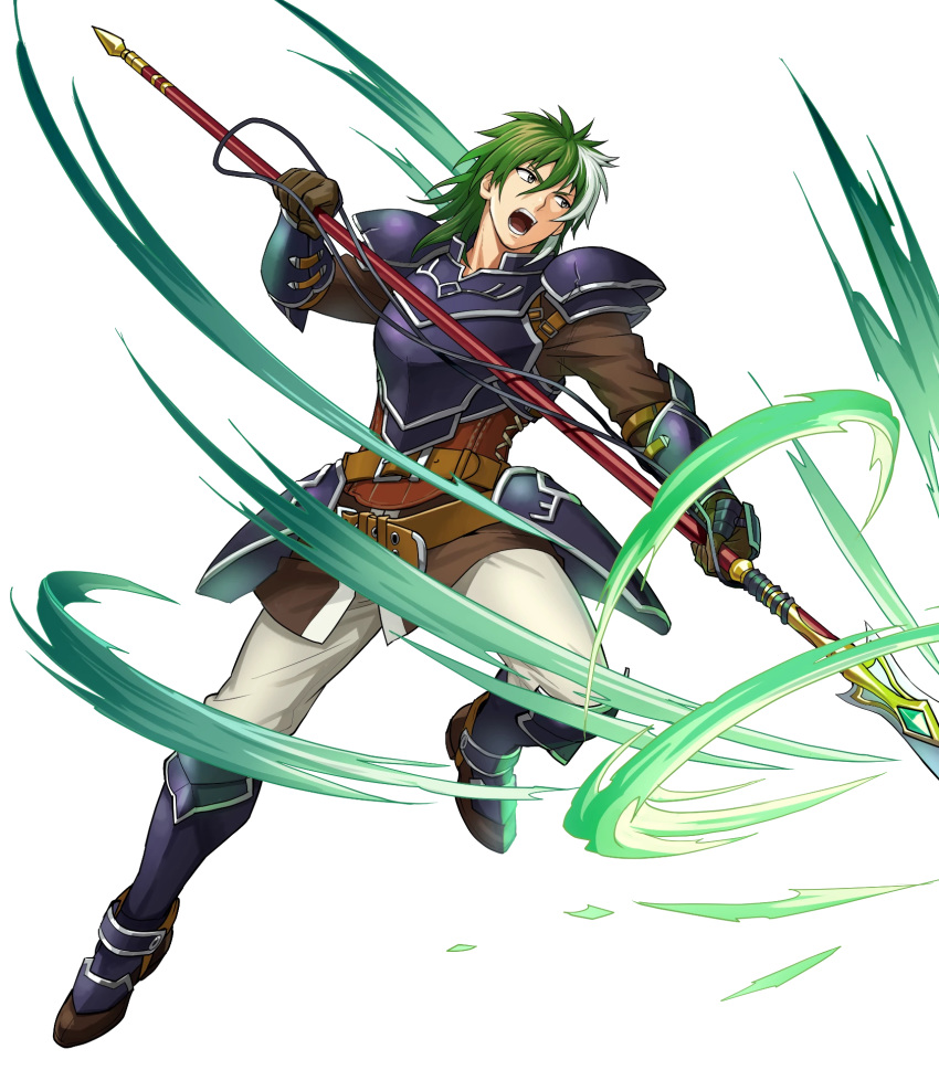1boy armor belt boots fire_emblem fire_emblem:_the_blazing_blade fire_emblem_heroes full_body gloves green_eyes green_hair heath_(fire_emblem) highres long_hair male_focus multicolored_hair official_art open_mouth polearm solo spear teeth transparent_background two-tone_hair weapon white_hair