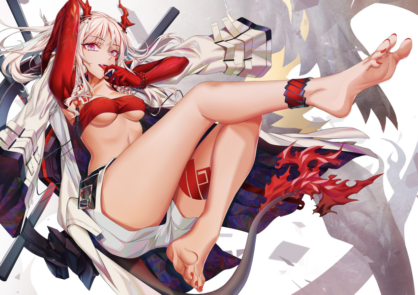 1girl absurdres anklet arknights barefoot body_markings dragon_girl dragon_horns dragon_tail feet highres horns jewelry long_hair looking_at_viewer multicolored_hair nian_(arknights) red_bandeau red_nails shorts silver_hair soles streaked_hair tail toenail_polish toes white_coat white_shorts xo_(xo17800108)