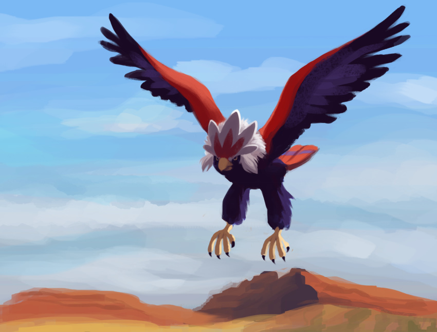 bird bird_focus blue_sky braviary claws clouds cloudy_sky creature day flying full_body gen_5_pokemon nnchan no_humans outdoors pokemon pokemon_(creature) sky solo