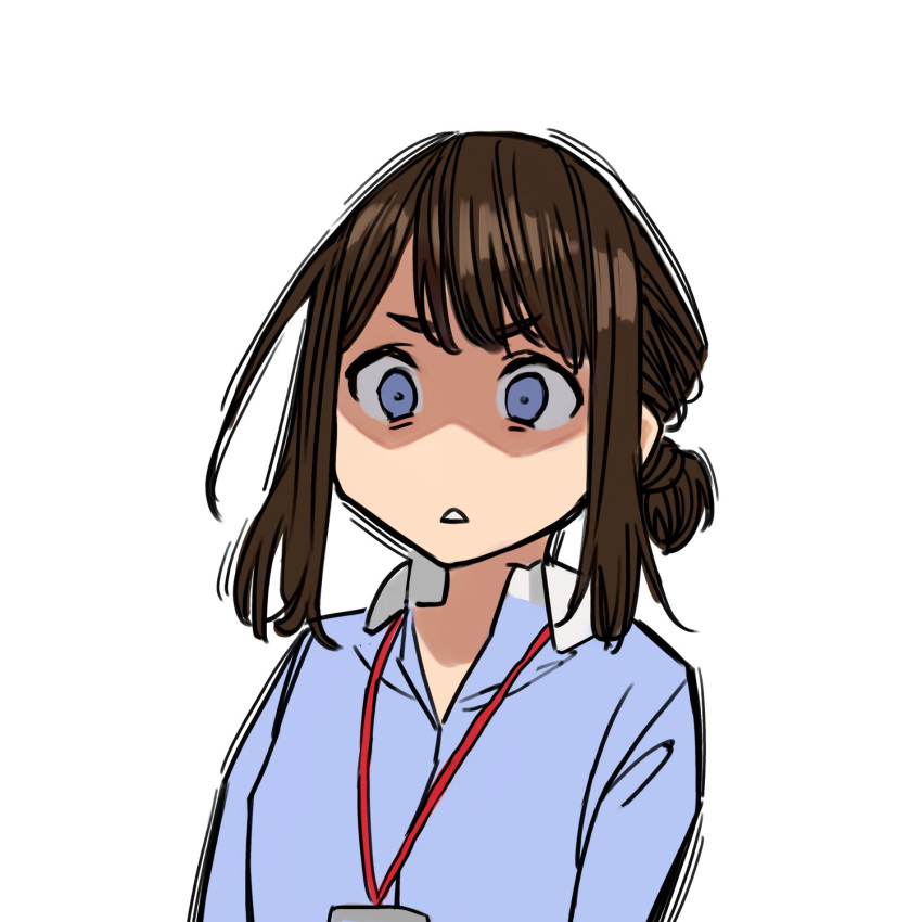 1girl :&lt; blue_eyes blue_shirt brown_hair collared_shirt highres jealous lanyard office_lady_(yomu_(sgt_epper)) original shaded_face shirt sidelocks simple_background sketch solo surprised tied_hair upper_body white_background yomu_(sgt_epper)