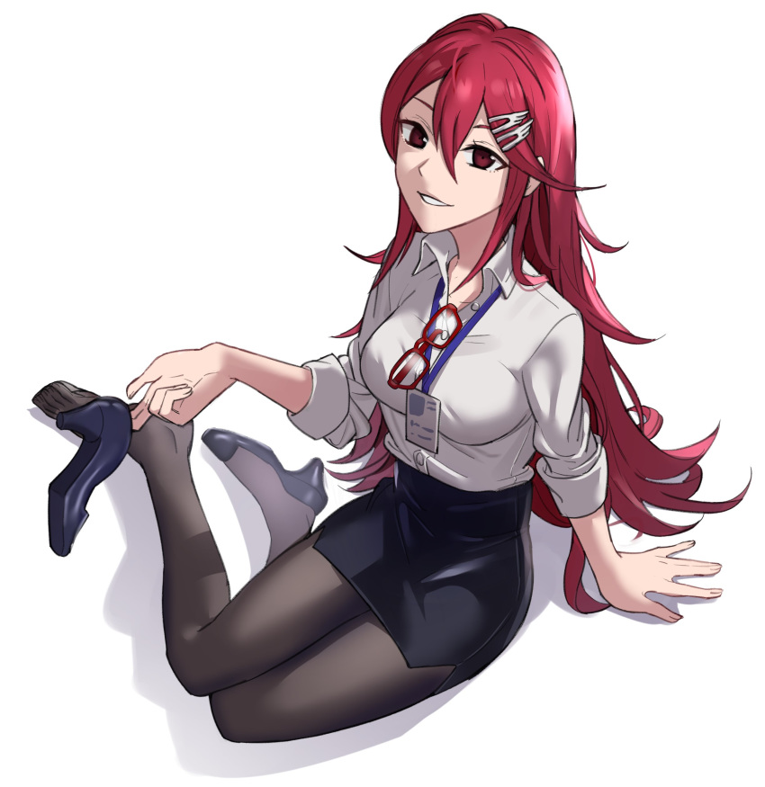 1girl absurdres alternate_costume commission cordelia_(fire_emblem) ebinku eyewear_removed fire_emblem fire_emblem_awakening full_body hair_ornament hairclip high_heels highres id_card long_hair name_tag office_lady pantyhose parted_lips red_eyes redhead shoes simple_background single_shoe sitting skirt solo white_background