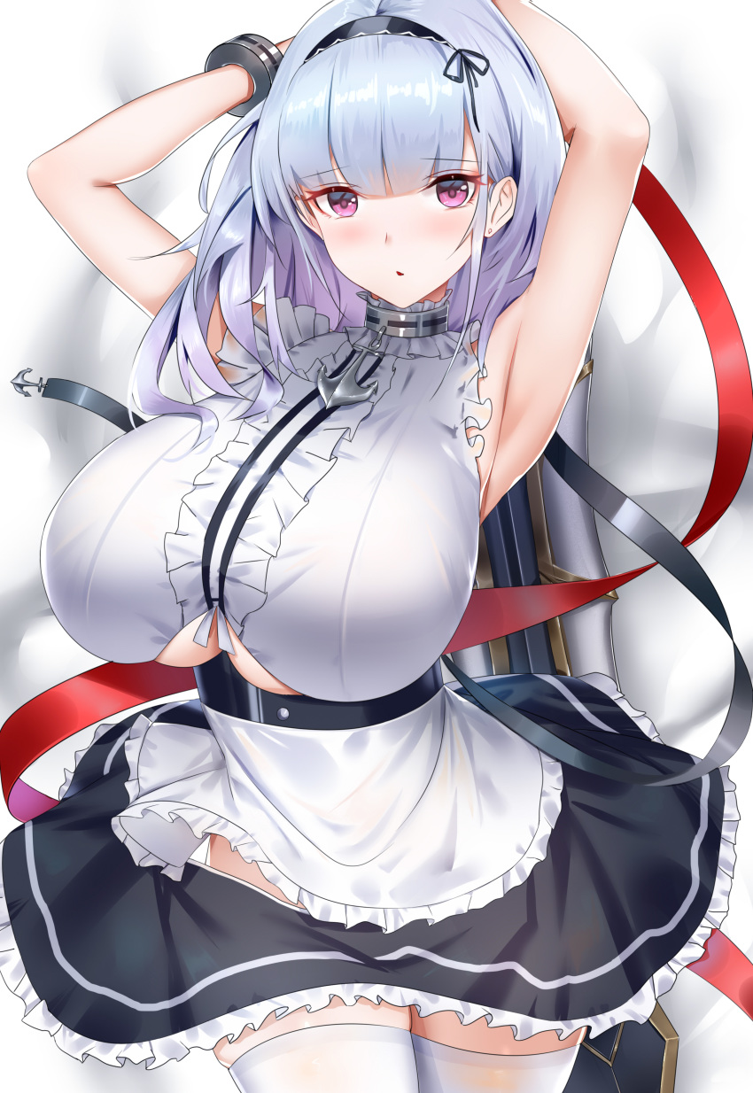 1girl absurdres anchor_choker apron armpits arms_behind_head arms_up azur_lane bangs bare_shoulders black_dress black_hairband black_ribbon blunt_bangs blush breasts center_frills collar cuffs dido_(azur_lane) dress earrings hairband heart heart_earrings highres jewelry large_breasts long_hair looking_at_viewer metal_collar open_mouth pink_eyes red_ribbon ribbon silver_hair solo sword thigh-highs thighs under_boob underboob_cutout waist_apron weapon white_apron white_legwear wu_ganlan_cai