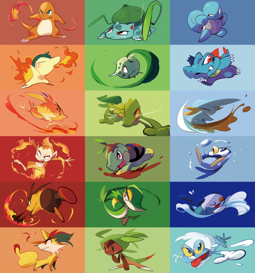 brown_eyes bulbasaur charmander chespin chikorita chimchar claws closed_eyes creature cyndaquil fennekin fiery_tail fire flame froakie frog full_body gen_1_pokemon gen_2_pokemon gen_3_pokemon gen_4_pokemon gen_5_pokemon gen_6_pokemon gen_7_pokemon highres looking_at_viewer monkey motojima_hakka mudkip no_humans oshawott pig piplup pokemon pokemon_(creature) red_eyes snivy squirtle standing swimming tail tepig torchic totodile treecko turtwig water