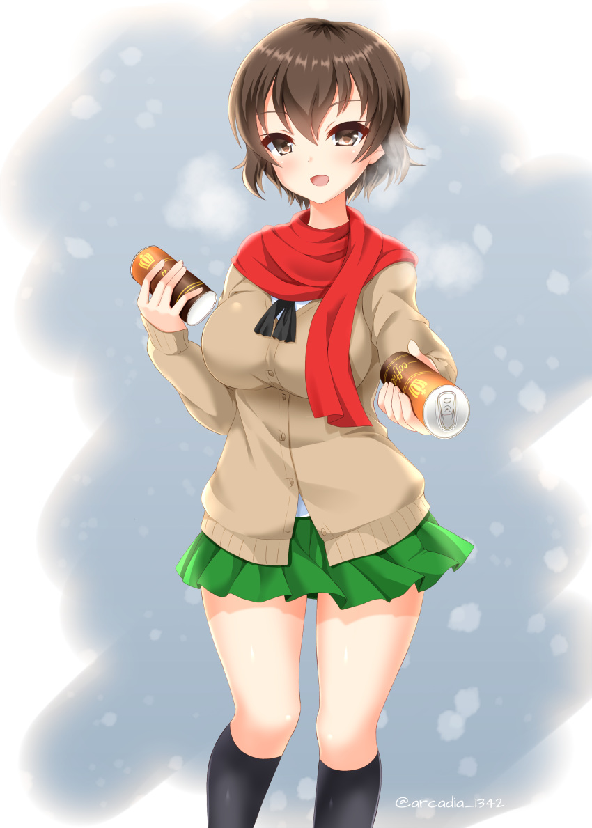 1girl absurdres bangs black_legwear black_neckwear brown_eyes brown_hair brown_sweater caesar_(girls_und_panzer) can cardigan girls_und_panzer giving highres holding holding_can incoming_drink kneehighs long_sleeves looking_at_viewer miniskirt neckerchief ooarai_school_uniform open_mouth pleated_skirt red_scarf ryochapu scarf school_uniform short_hair skirt smile soda_can solo standing sweater twitter_username