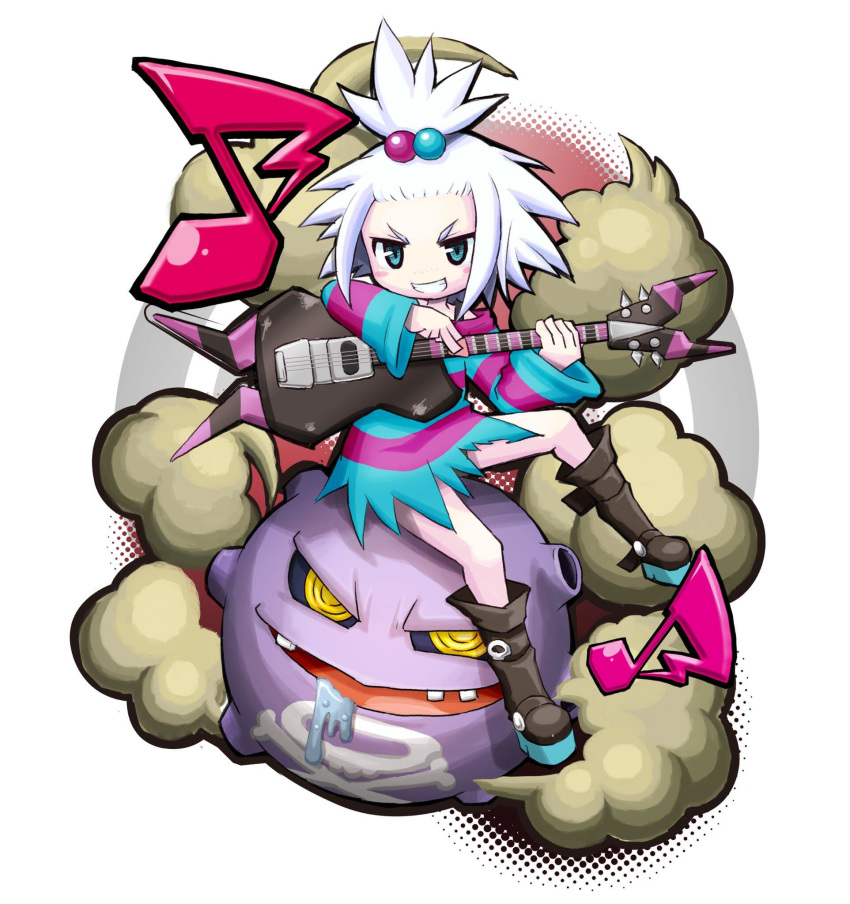 1girl bass_guitar blue_eyes blush_stickers dress drooling forehead freckles gen_1_pokemon grin gym_leader hair_bobbles hair_ornament highres homika_(pokemon) instrument koffing looking_at_viewer mecha_crazy musical_note open_mouth pokemon pokemon_(creature) pokemon_(game) pokemon_bw2 smile smoke strapless strapless_dress striped tied_hair white_hair