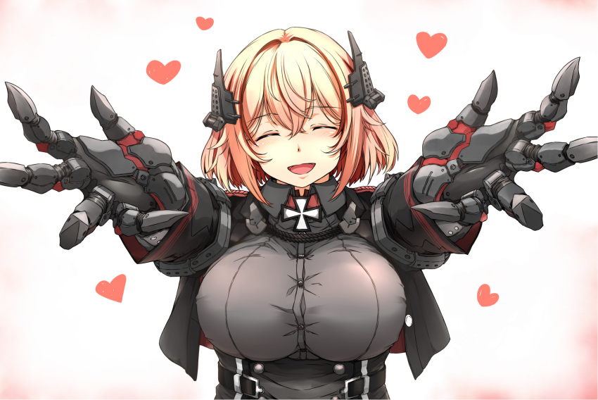 1girl ^_^ aiguillette armlet azur_lane bangs belt black_jacket black_shirt blonde_hair blush breasts buttons closed_eyes collared_shirt commentary corset cropped_jacket crossed_bangs eyebrows_visible_through_hair gradient gradient_background hair_intakes head_tilt headgear heart highres incoming_hug iron_cross jacket large_breasts long_sleeves mechanical_hands multicolored_hair okutama_tarou open_hands open_mouth outstretched_arms outstretched_hand pink_background reaching_out redhead roon_(azur_lane) shirt short_hair sidelocks smile solo streaked_hair upper_body valentine white_background |d