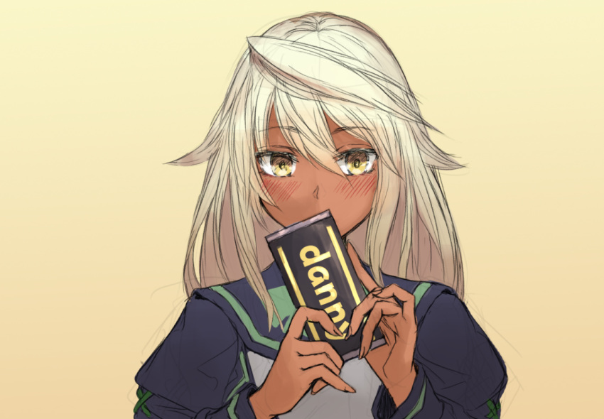 1girl blush candy chocolate_bar commentary_request covered_mouth dark_skin face food guilty_gear guilty_gear_xrd hands long_hair looking_at_viewer pinky_out platinum_blonde_hair ramlethal_valentine school_uniform shouma_(bravespiritya) solo valentine yellow_background yellow_eyes
