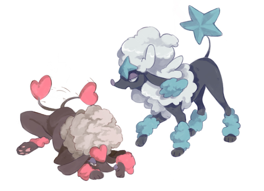creature dog_focus full_body furfrou furfrou_(heart) furfrou_(star) gen_6_pokemon heart looking_at_another meristem motion_lines no_humans pokemon pokemon_(creature) simple_background standing star white_background