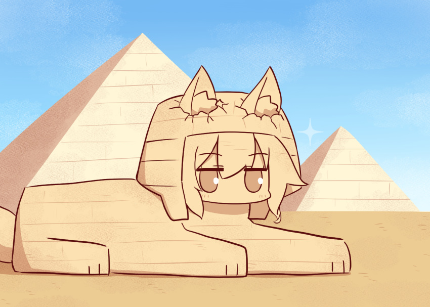 1girl animal_ears bangs blue_sky blush day ears_through_headwear egypt egyptian eyebrows_visible_through_hair fox_ears fox_girl fox_tail hair_between_eyes kemomimi-chan_(naga_u) long_hair looking_at_viewer naga_u nemes objectification original outdoors pyramid sand sidelocks sky solo sparkle sphinx tail