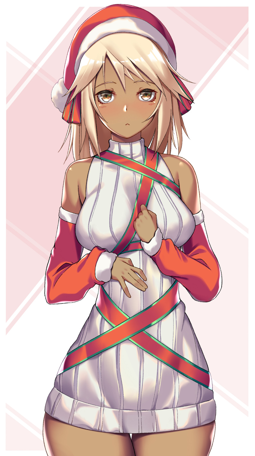 1girl absurdres blonde_hair blush breasts christmas closed_mouth dark_skin guilty_gear guilty_gear_xrd hat highres long_hair looking_at_viewer orange_eyes ramlethal_valentine solo sweater takanashi-a