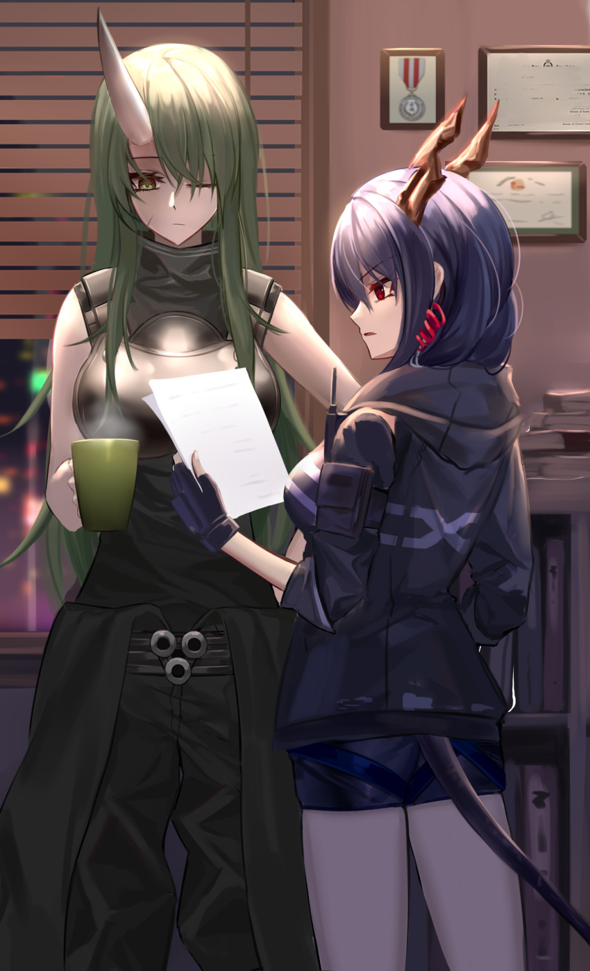 2girls arknights armor bangs bare_shoulders black_gloves black_jacket black_pants black_shirt blue_hair breastplate breasts ch'en_(arknights) chinese_commentary commentary_request cowboy_shot cup eternity_(shadeh) fingerless_gloves from_behind gloves green_eyes green_hair highres holding holding_cup holding_paper hood hooded_jacket horn horns hoshiguma_(arknights) indoors jacket long_hair medium_breasts mug multiple_girls one_eye_closed pants paper parted_lips profile red_eyes shirt sidelocks sleeveless sleeveless_shirt standing steam tail thighs window