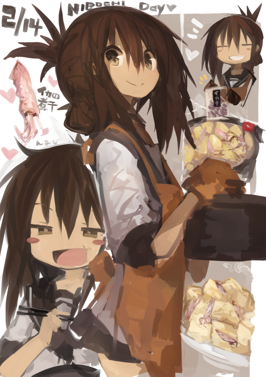 1girl absurdres apron bangs blush blush_stickers brown_eyes brown_hair commentary_request cooking dated folded_ponytail food grin hair_between_eyes heart highres holding inazuma_(kantai_collection) kaamin_(mariarose753) kantai_collection multiple_views open_mouth oven_mitts ponytail sailor_collar school_uniform serafuku skirt smile squid yellow_apron