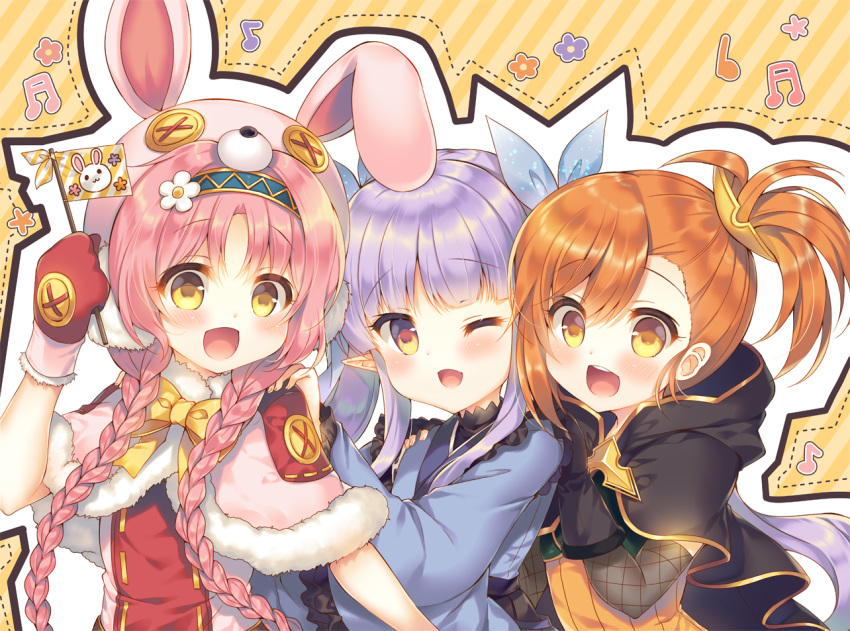 3girls :d ;d akane_mimi animal_ears animal_hat bangs beamed_sixteenth_notes black_cloak black_gloves blue_kimono blue_ribbon blush braid brown_eyes brown_hair bunny_hat capelet cloak commentary_request diagonal-striped_background diagonal_stripes dotted_line earmuffs eighth_note eyebrows_visible_through_hair flag fur-trimmed_capelet fur_trim girl_sandwich gloves hair_ornament hair_over_shoulder hair_ribbon hands_on_another's_shoulders hat hikawa_kyouka hodaka_misogi holding holding_flag hood hood_down hooded_cloak japanese_clothes kimono long_sleeves mittens multiple_girls musical_note one_eye_closed open_mouth pink_capelet pink_headwear princess_connect! princess_connect!_re:dive purple_hair quarter_note rabbit_ears red_mittens ribbon sandwiched side_ponytail smile striped striped_background suzunone_rena twin_braids twintails wide_sleeves yellow_eyes