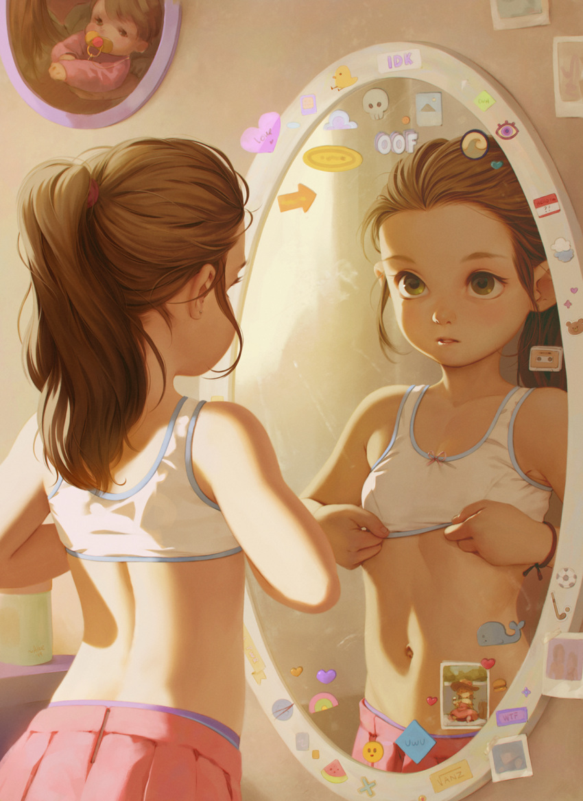 1girl alkemanubis bra bra_lift brown_hair collarbone face flat_chest hands highres looking_at_mirror magnet mirror navel original parted_lips picture_(object) pink_skirt pleated_skirt ponytail reflection skirt solo sticker sticky_note stomach training_bra underwear