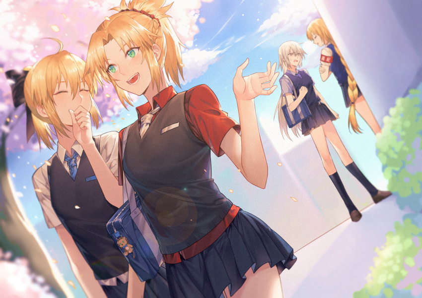 4girls absurdres ahoge armband artoria_pendragon_(all) bag bag_charm charm_(object) cherry_blossoms cherry_tree closed_eyes crossed_arms dutch_angle fate/apocrypha fate/grand_order fate/unlimited_codes fate_(series) green_eyes hand_to_own_mouth highres jeanne_d'arc_(alter)_(fate) jeanne_d'arc_(fate)_(all) long_braid mordred_(fate)_(all) multiple_girls multiple_views necktie open_mouth red_shirt saber_lily school_bag school_uniform shirt short_hair sweatdrop teeth vest yellow_eyes yorukun