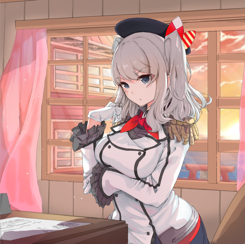 1girl beret black_headwear black_skirt blue_eyes breasts buttons desk epaulettes eyebrows_visible_through_hair gloves grey_eyes hat highres jacket kantai_collection kashima_(kantai_collection) large_breasts long_sleeves military_jacket neckerchief red_neckwear sidelocks silver_hair skirt solo sunset tsurime twintails wavy_hair white_gloves white_jacket zuoteng_lucha