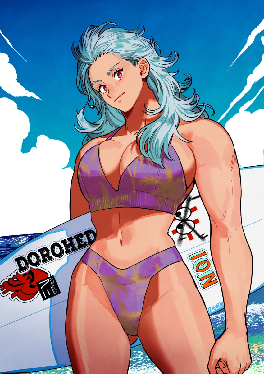 1girl bikini breasts dorohedoro highres large_breasts muscle navel noi_(dorohedoro) okada_(hoooojicha) red_eyes silver_hair smile surfboard swimsuit tall tall_female