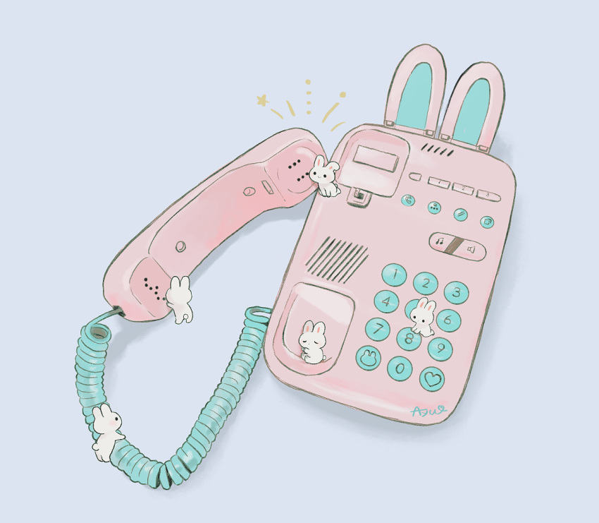 animal ayu_(mog) blue_background chibi commentary_request corded_phone heart no_humans original phone rabbit signature themed_object
