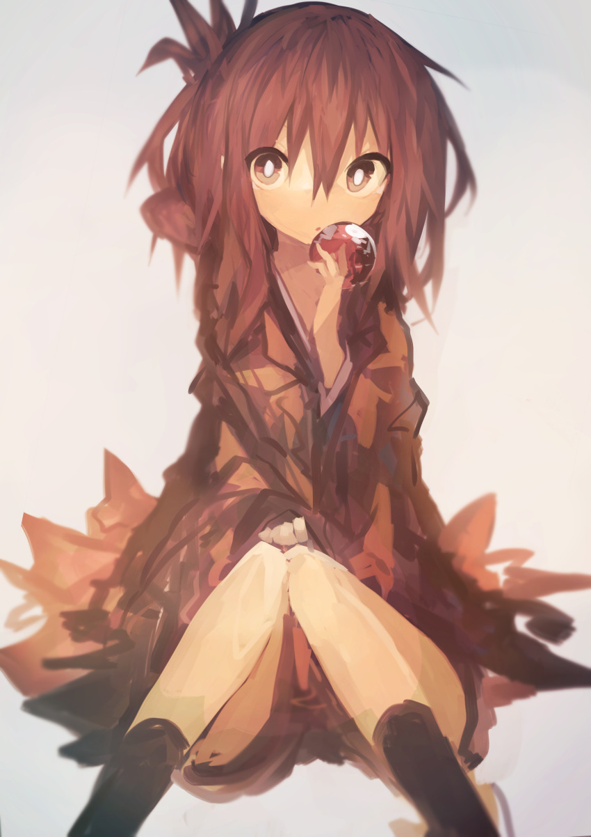 1girl :o absurdres alternate_costume bangs black_legwear brown_eyes brown_hair folded_ponytail grey_background hair_between_eyes highres holding inazuma_(kantai_collection) japanese_clothes kaamin_(mariarose753) kantai_collection kneehighs knees_together_feet_apart open_mouth ponytail simple_background sitting solo