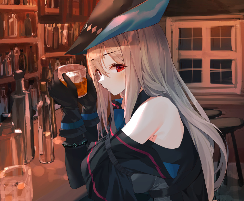 1girl absurdres alcohol arknights bar bar_stool bare_shoulders black_gloves black_headwear bottle breasts cup detached_sleeves drinking_glass fedora gloves grey_hair hat highres holding holding_cup indoors large_breasts long_hair long_sleeves looking_at_viewer looking_to_the_side munseonghwa red_eyes skadi_(arknights) solo stool upper_body window wine_bottle