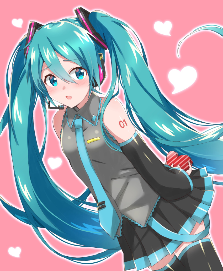 1girl aqua_eyes aqua_hair aqua_neckwear arms_behind_back bare_shoulders black_legwear black_skirt black_sleeves blush box commentary cowboy_shot detached_sleeves furrowed_eyebrows gift gift_box grey_shirt hair_ornament hatsune_miku headphones headset heart heart-shaped_box highres long_hair looking_at_viewer necktie open_mouth pink_background shirt shoulder_tattoo skirt sleeveless sleeveless_shirt solo supo01 tattoo thigh-highs twintails valentine very_long_hair vocaloid zettai_ryouiki