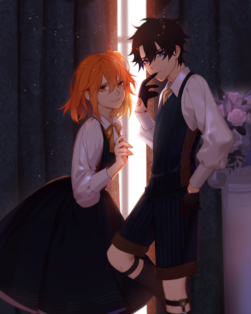 1boy 1girl ahoge bangs black_dress black_hair black_legwear black_shorts commentary dress fate/grand_order fate_(series) flower frown fujimaru_ritsuka_(female) fujimaru_ritsuka_(male) hair_between_eyes highres indoors jesse_(pixiv34586727) kneehighs looking_at_viewer one_side_up orange_eyes orange_hair pink_flower shirt short_hair shorts side_ponytail smile white_shirt