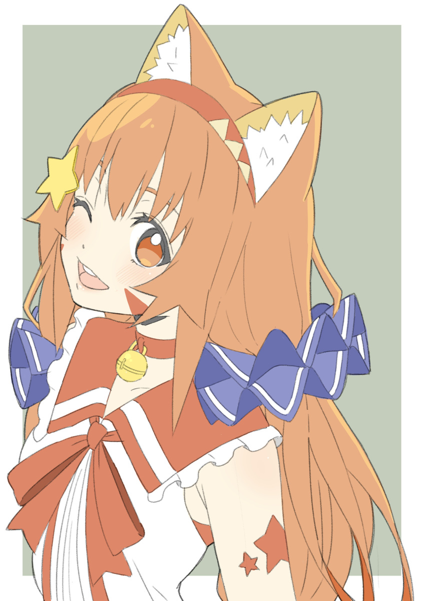 1girl :d absurdres animal_ear_fluff animal_ears bell bell_choker blue_background border choker donguri_suzume hair_ornament highres jingle_bell long_hair looking_at_viewer low_twintails neck_bell neck_ribbon one_eye_closed open_mouth orange_choker orange_eyes orange_hair orange_neckwear orange_ribbon original ribbon simple_background smile solo twintails upper_body vest white_border white_vest