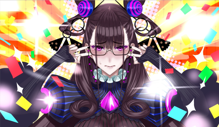 1girl amethyst_(gemstone) bangs black_dress blush breasts brown_hair confetti double_bun double_v dress emotional_engine_-_full_drive fate/grand_order fate_(series) gem glasses hair_ornament honjou_raita juliet_sleeves large_breasts long_hair long_sleeves looking_at_viewer murasaki_shikibu_(fate) parody puff_and_slash_sleeves puffy_sleeves sleeves_past_wrists solo sparkle two_side_up v very_long_hair violet_eyes