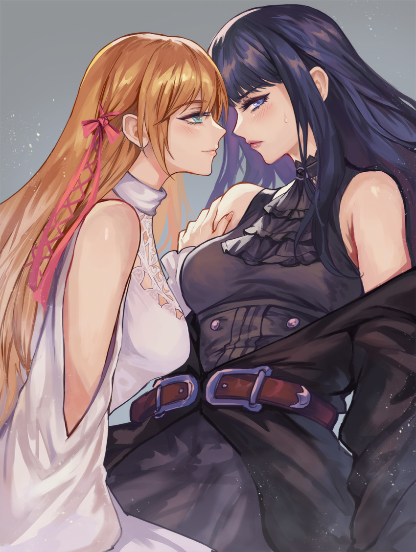 2girls aqua_eyes bangs belt black_dress black_hair blonde_hair blue_eyes blush brown_belt dress eyebrows_visible_through_hair final_fantasy final_fantasy_xiv gaia_(ff14) hair_ribbon highres hyur imminent_kiss indoors kneeling long_hair long_sleeves looking_at_another looking_at_viewer multiple_girls pengnangehao red_lips ribbon ryne shoulder_grab sitting sweatdrop thigh-highs white_dress yuri