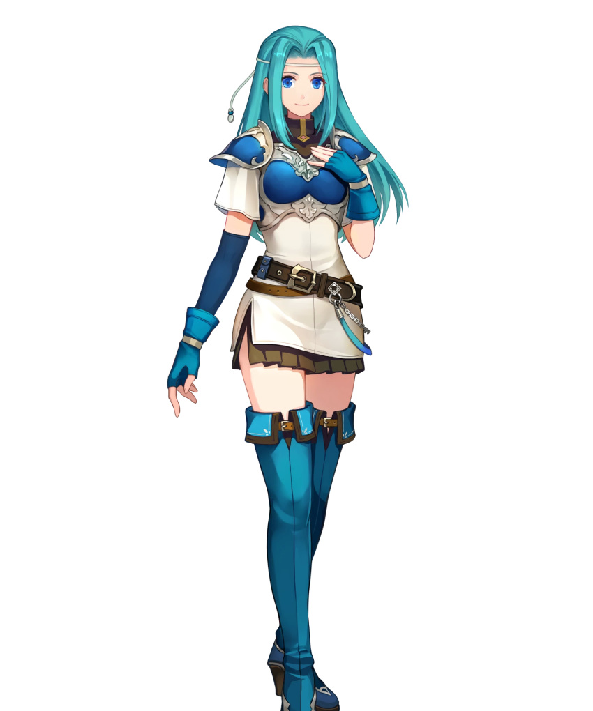 1girl aqua_hair armor bangs belt blue_eyes blue_footwear blue_gloves boots breastplate closed_mouth dress fingerless_gloves fiora_(fire_emblem) fire_emblem fire_emblem:_the_blazing_blade fire_emblem_heroes full_body gloves hand_on_own_chest highres konfuzikokon long_hair looking_at_viewer official_art parted_bangs shiny shiny_hair short_dress short_sleeves shoulder_armor shoulder_pads smile solo standing thigh-highs thigh_boots transparent_background turtleneck white_dress