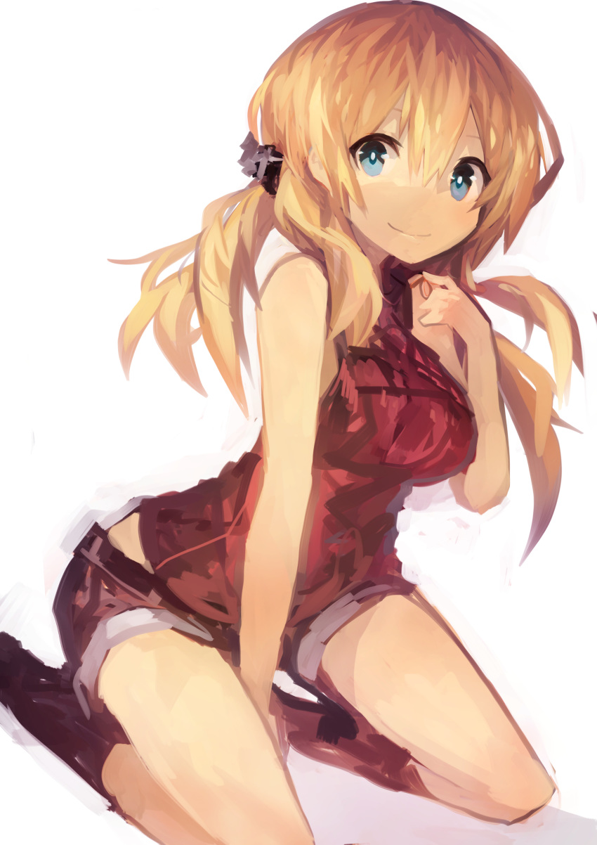 1girl absurdres alternate_costume bangs black_legwear black_shorts blonde_hair blue_eyes breasts hair_between_eyes hair_ornament highres kaamin_(mariarose753) kantai_collection kneehighs long_hair medium_breasts prinz_eugen_(kantai_collection) red_shirt shirt shorts simple_background sitting sleeveless sleeveless_shirt smile solo twintails white_background