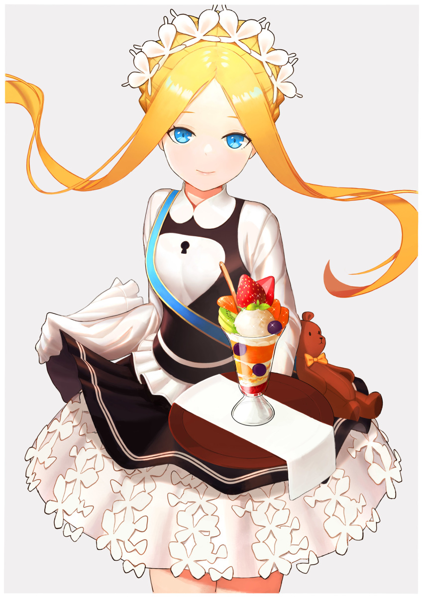 1girl abigail_williams_(fate/grand_order) absurdres bangs black_skirt blonde_hair blue_eyes border braid breasts closed_mouth dress fate/grand_order fate_(series) food forehead french_braid fruit grapes grey_background highres ice_cream keyhole kiwi_slice layered_skirt long_hair long_sleeves looking_at_viewer maid_headdress meowster orange parfait parted_bangs sash sidelocks simple_background skirt sleeves_past_fingers sleeves_past_wrists small_breasts smile solo strawberry tray wafer_stick white_border white_dress