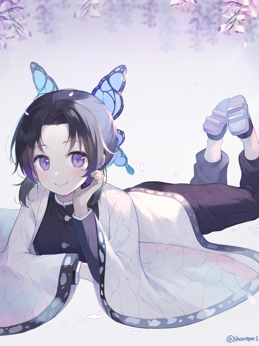 1girl ankle_socks bangs black_hair black_jacket black_legwear black_pants blush butterfly_hair_ornament closed_mouth commentary_request eyebrows_visible_through_hair forehead gradient_hair hair_ornament highres jacket kimetsu_no_yaiba kochou_shinobu legs_up long_sleeves looking_at_viewer multicolored_hair open_clothes pants parted_bangs purple_hair shoe_soles shoonia smile solo twitter_username violet_eyes white_footwear wide_sleeves